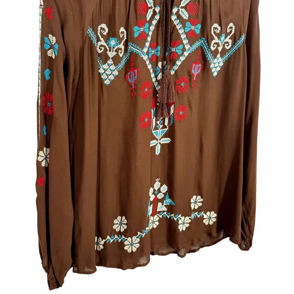 Tasha Polizzi Collection Womens Medium Brown Embroidered Blouse Shirt Top - Picture 5 of 8